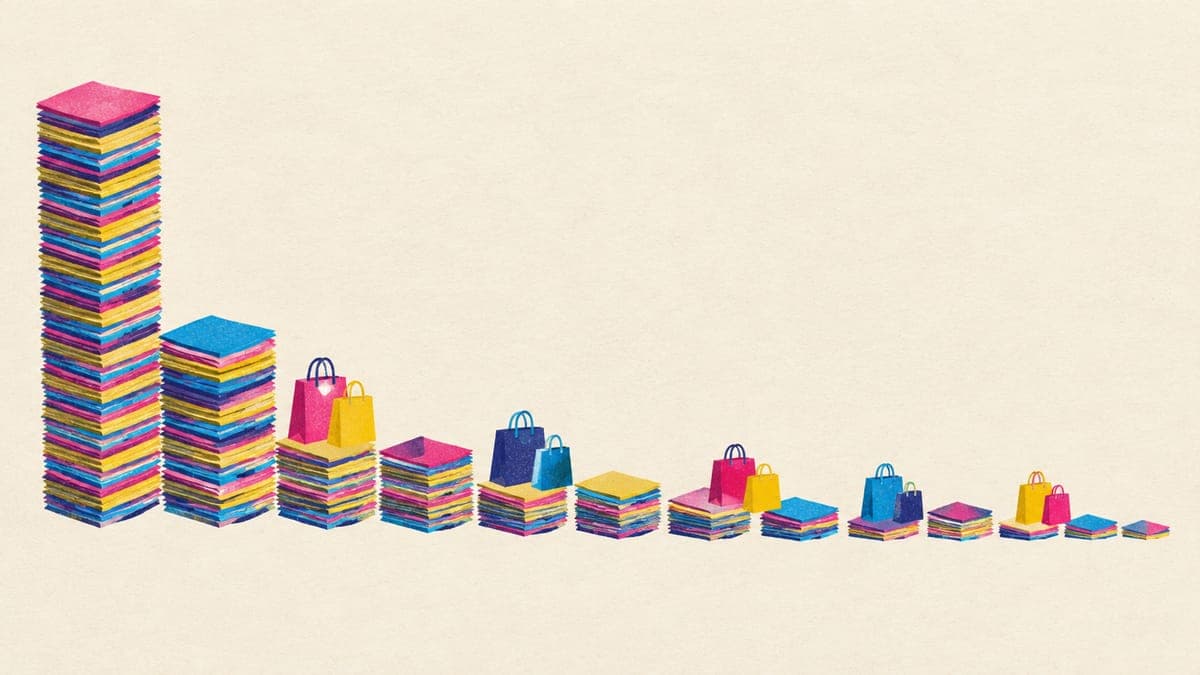 Paper-card stacks forming a long-tail curve, with small shopping bags gathered along the low tail