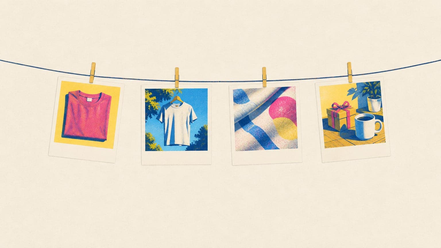 Instant photos pegged on a string showing a folded tee, a hanging tee, a fabric close-up, a gift box and a mug