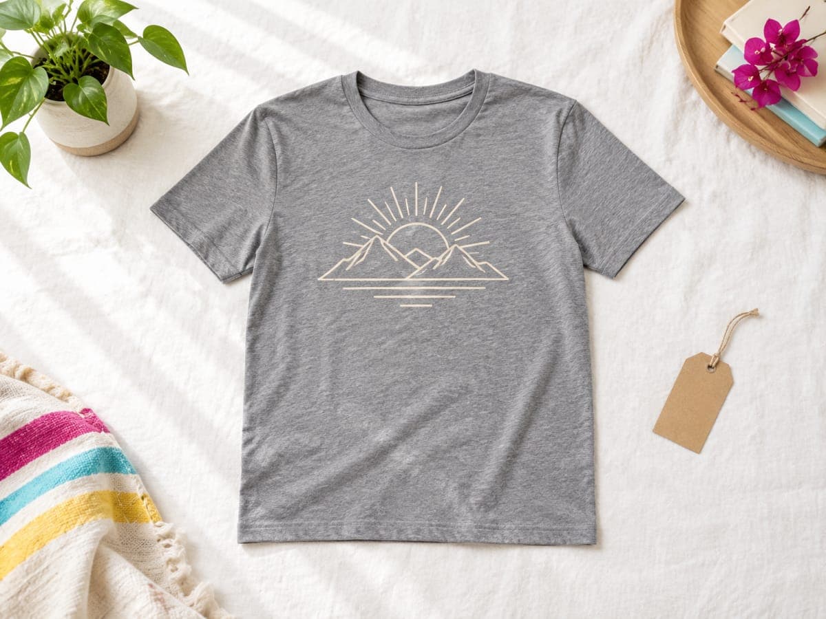 Heather grey t-shirt with a sunrise mountain graphic laid flat on white linen beside a plant and a gift tag