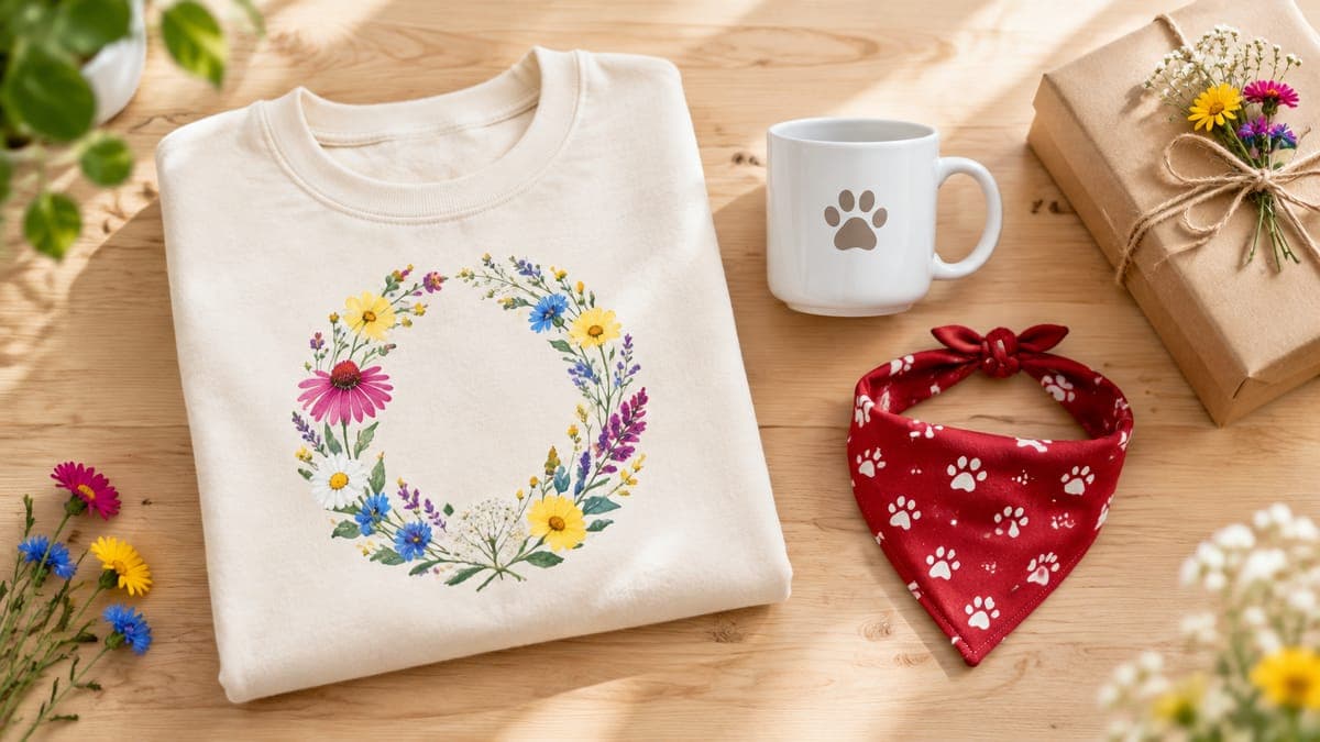 Flat lay of a sweatshirt with a wildflower wreath, a paw-print mug, a red pet bandana and a gift box
