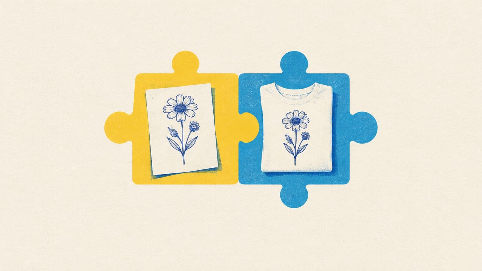 Two puzzle pieces joining, one with a pencil sketch of a flower and one with a t-shirt printed with the same flower