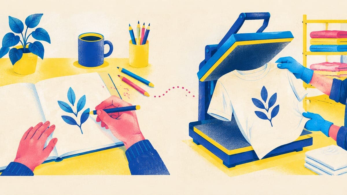 Hands sketching a leaf design on the left and a print shop lifting a t-shirt with the same leaf on the right