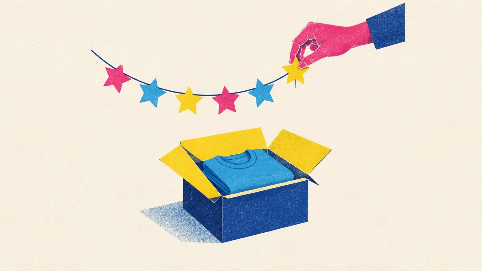 Illustration of a hand adding a paper star to a star garland above an open parcel with a folded t-shirt