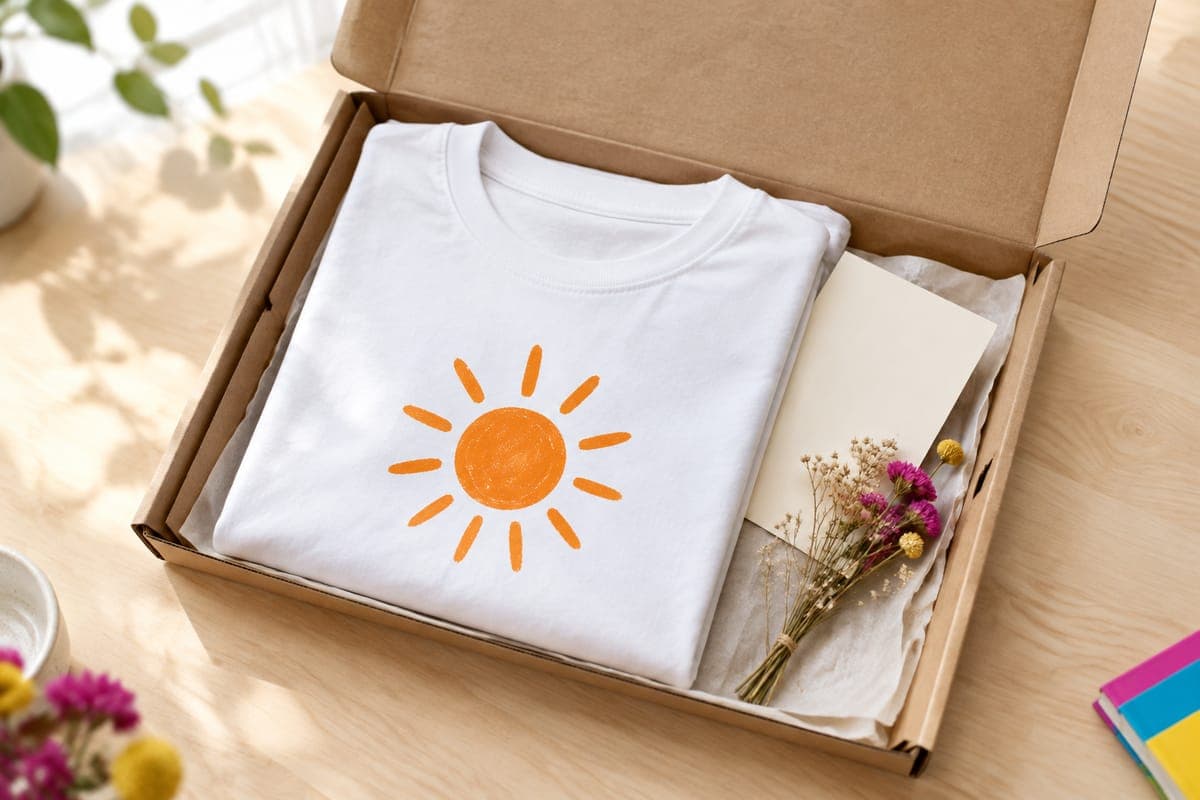 Open kraft mailer with a folded white t-shirt with a sun motif and a blank thank-you card beside it