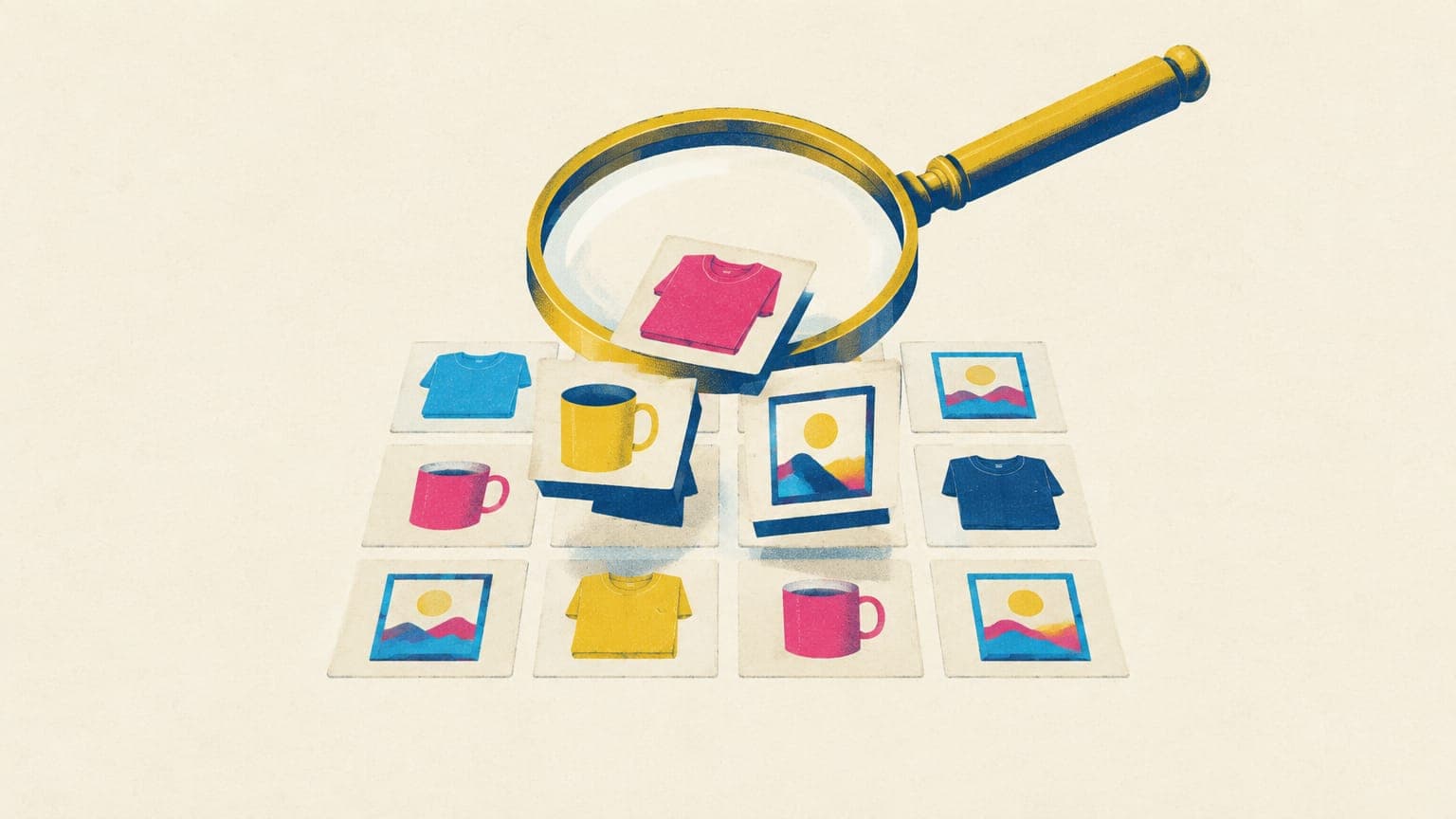 Magnifying glass over a grid of product cards, with three cards lifted out as if chosen by search