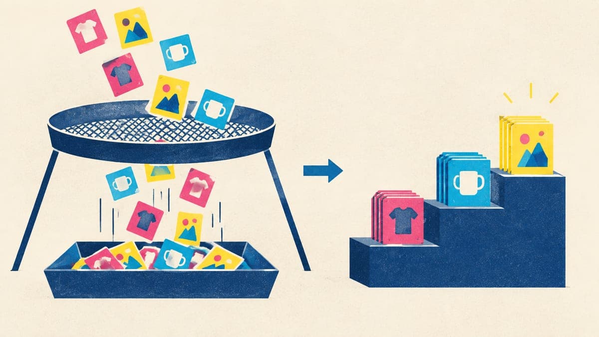 Product cards passing through a sieve, then lining up on a staircase podium in ranked order