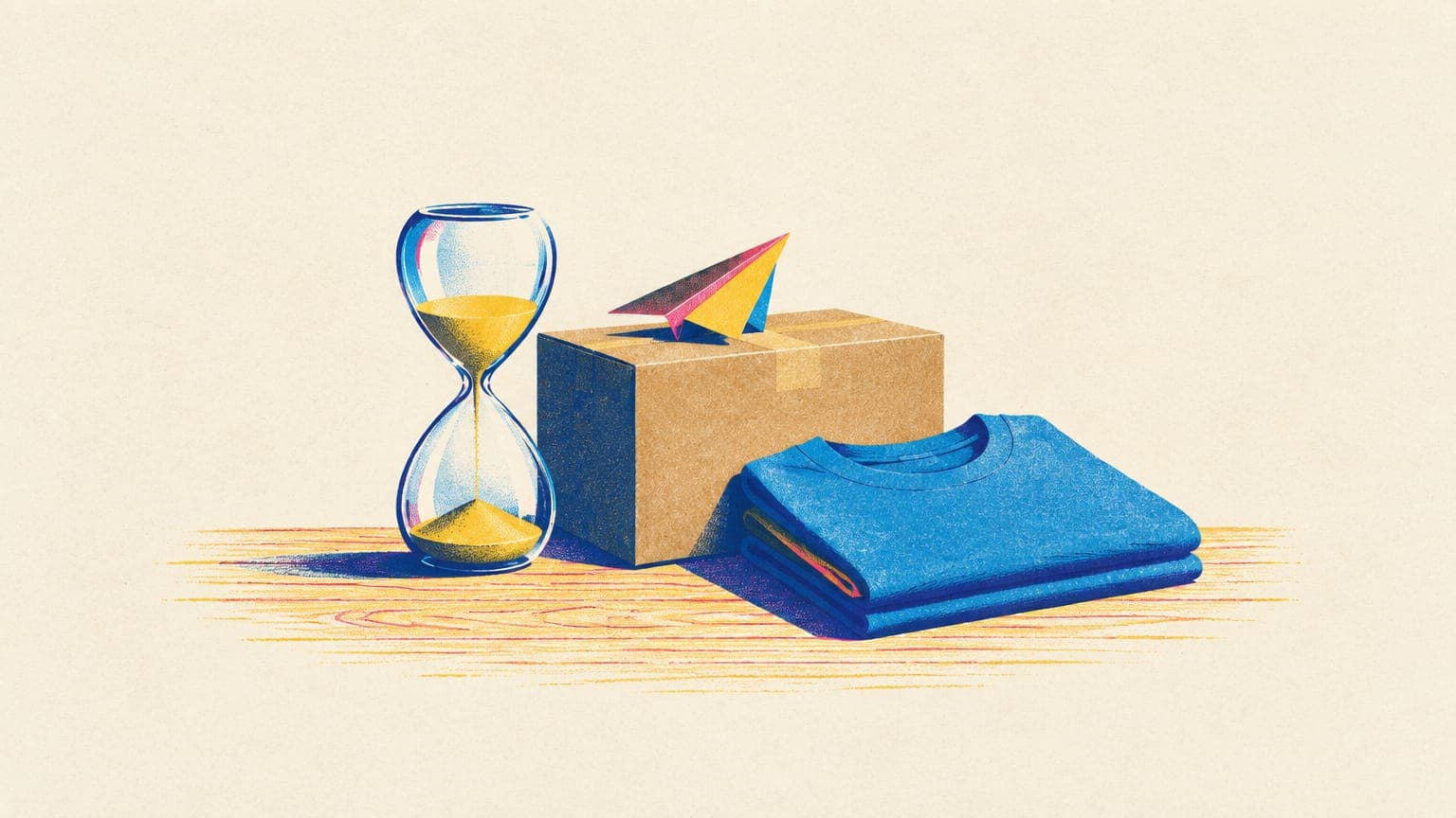Hourglass beside a kraft parcel box and a folded t-shirt, with a paper airplane resting on the box