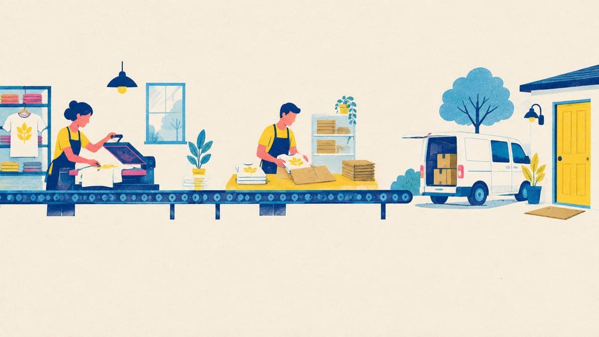 Conveyor belt carrying a t-shirt from a print shop to a packing table and then to a delivery van at a front door