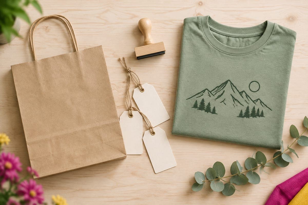 Flat lay of a kraft bag, blank hang tags, a rubber stamp and a green t-shirt with a mountain motif