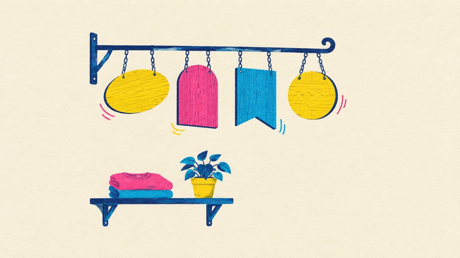 Illustration of blank wooden shop signs in different shapes hanging above a folded t-shirt and a potted plant