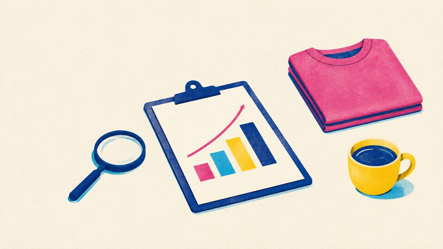 Illustration of a clipboard with abstract bar shapes beside a magnifying glass, a folded t-shirt and a cup of tea