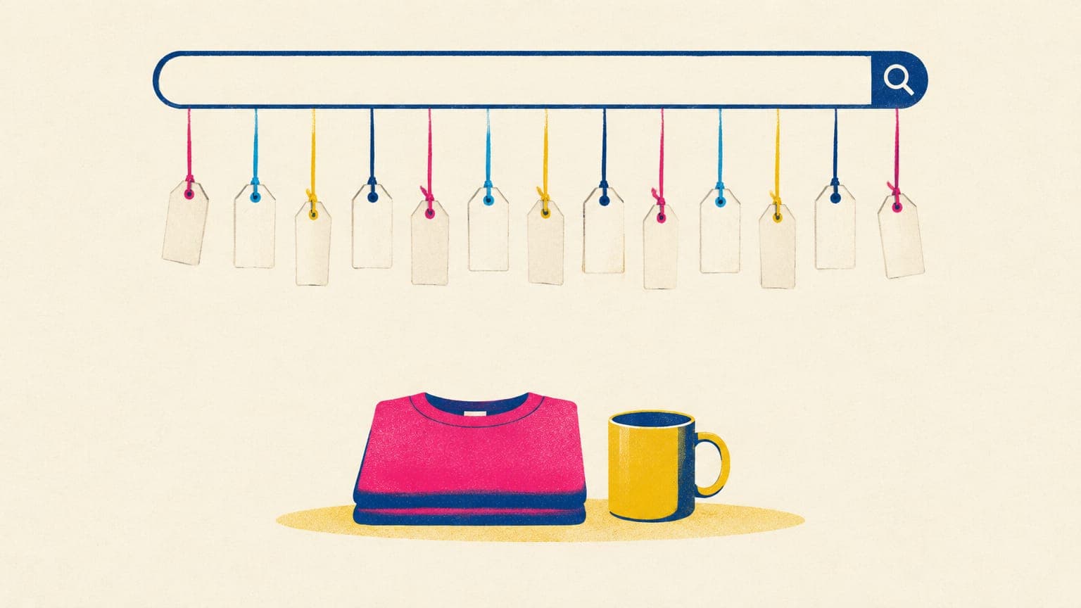 Thirteen blank paper tags hanging from an empty search bar above a folded t-shirt and a mug