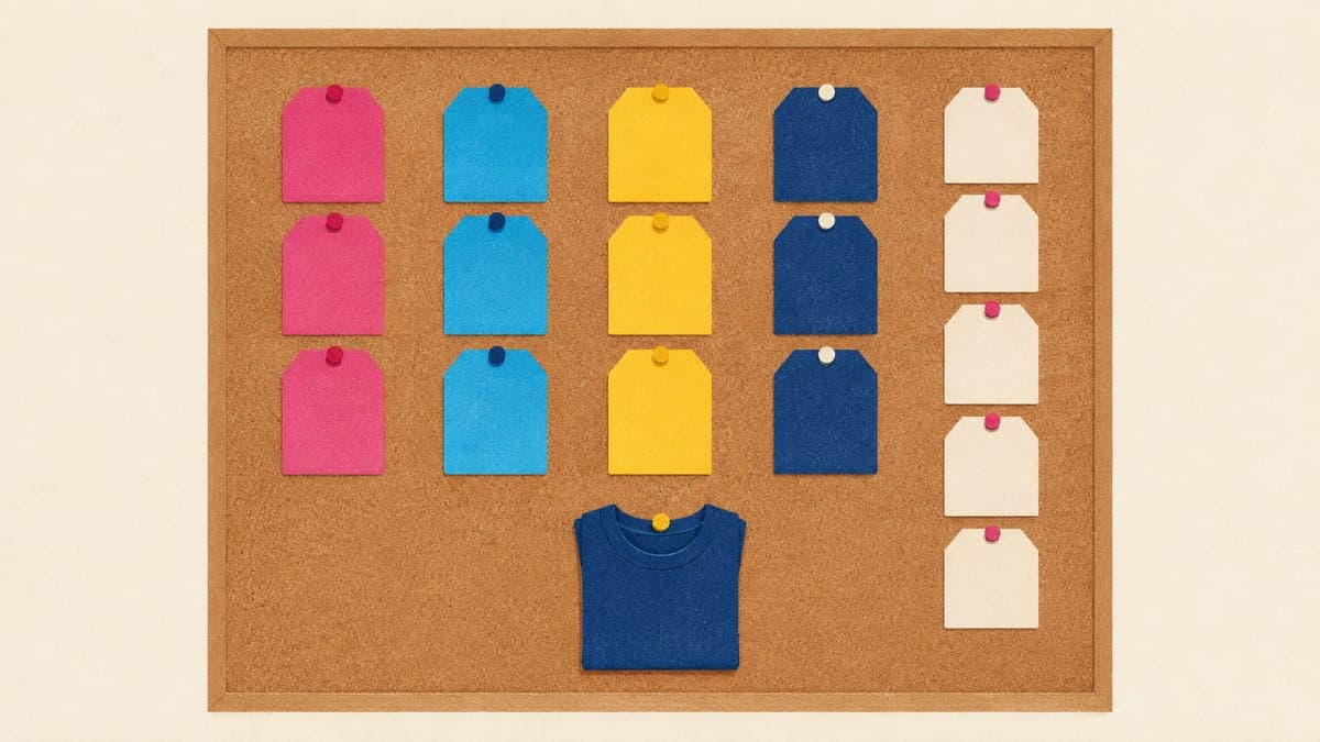 Corkboard with thirteen blank paper tags pinned in five colored columns above a small folded t-shirt
