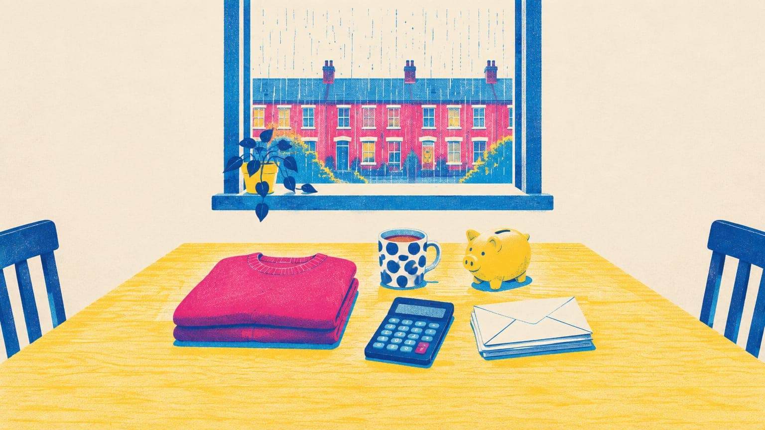 A folded sweatshirt, a mug of tea, a calculator, a piggy bank and envelopes on a table by a rainy window