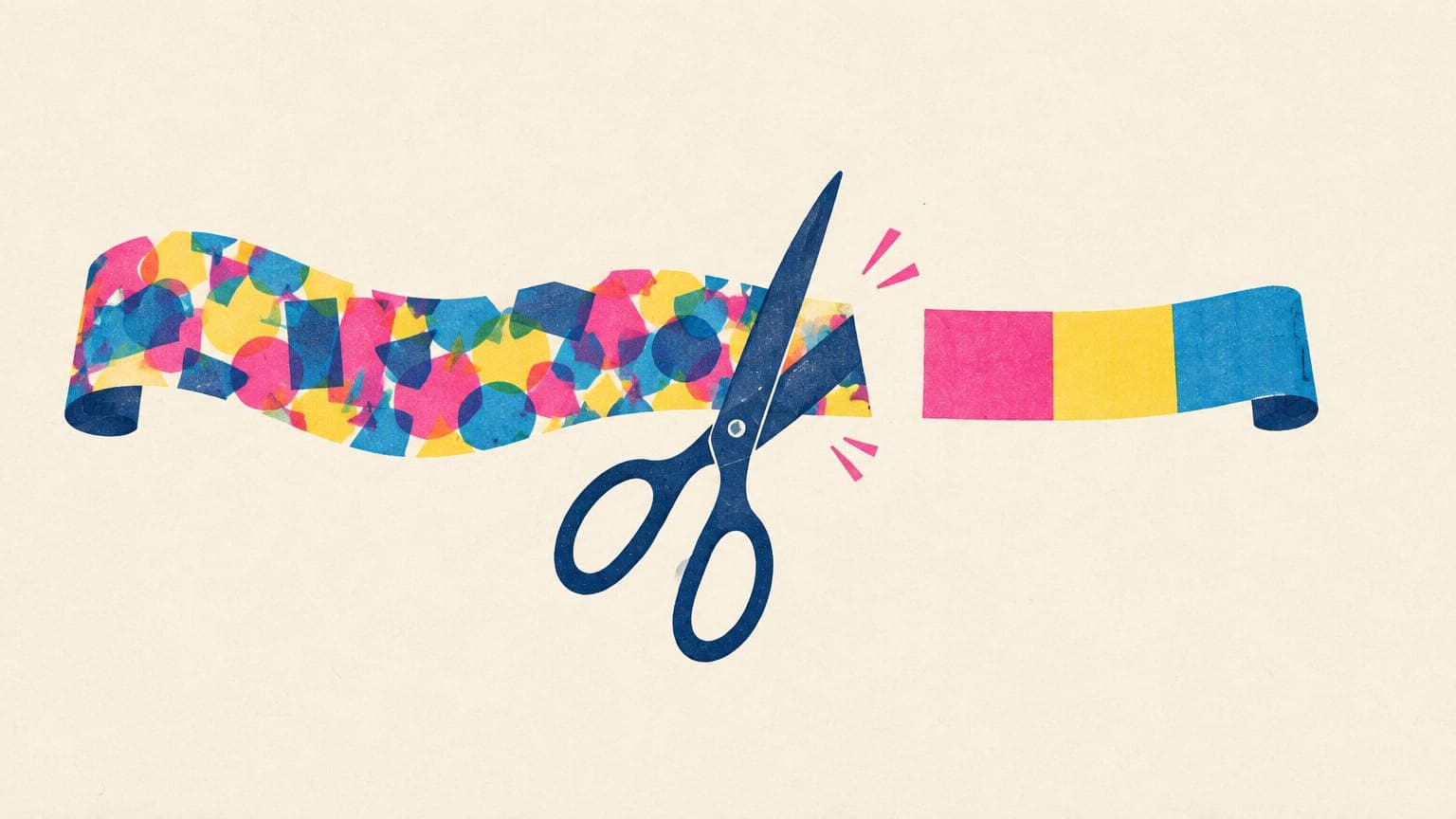 Scissors trimming a long, cluttered paper ribbon into a short, tidy one with three clear blocks