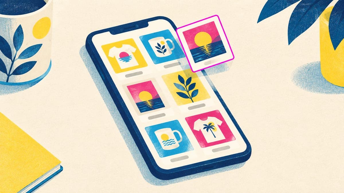 Phone showing a grid of product thumbnails with one t-shirt thumbnail lifted out and highlighted