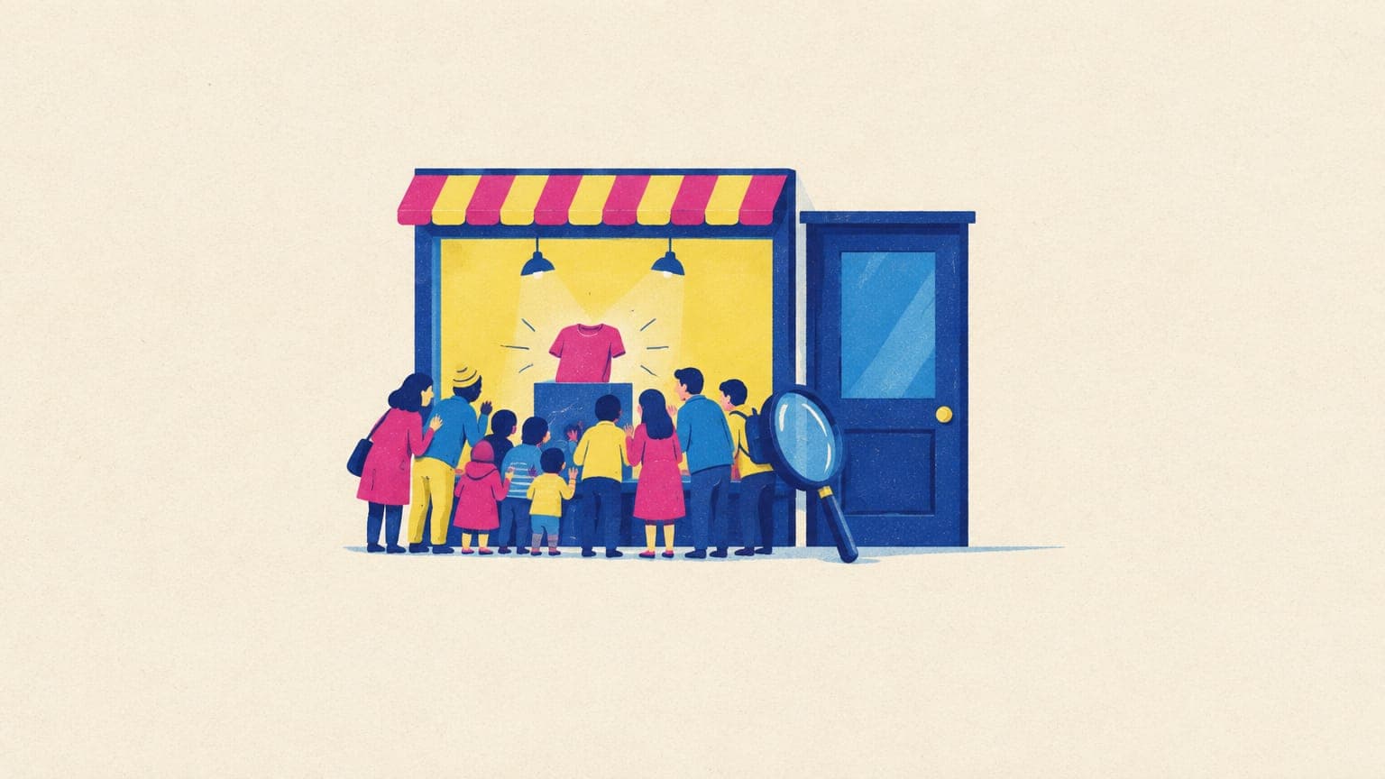 Illustration of small figures peering through a shop window at one folded t-shirt while the shop door stays shut