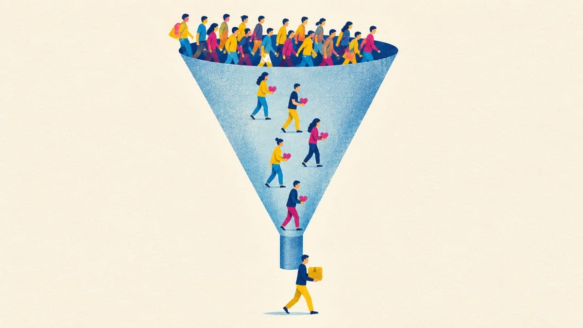 Paper funnel with many small figures entering, fewer holding hearts, and one leaving with a parcel box