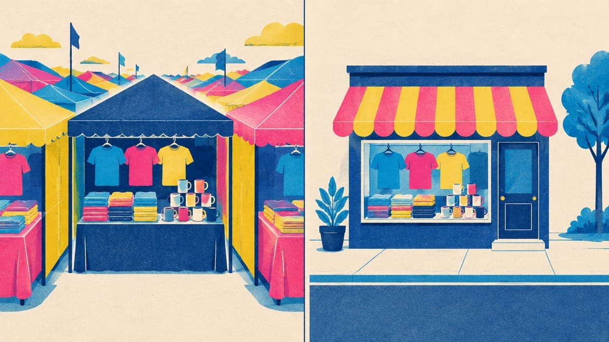 A market stall among many others beside the same products in the window of a standalone shop