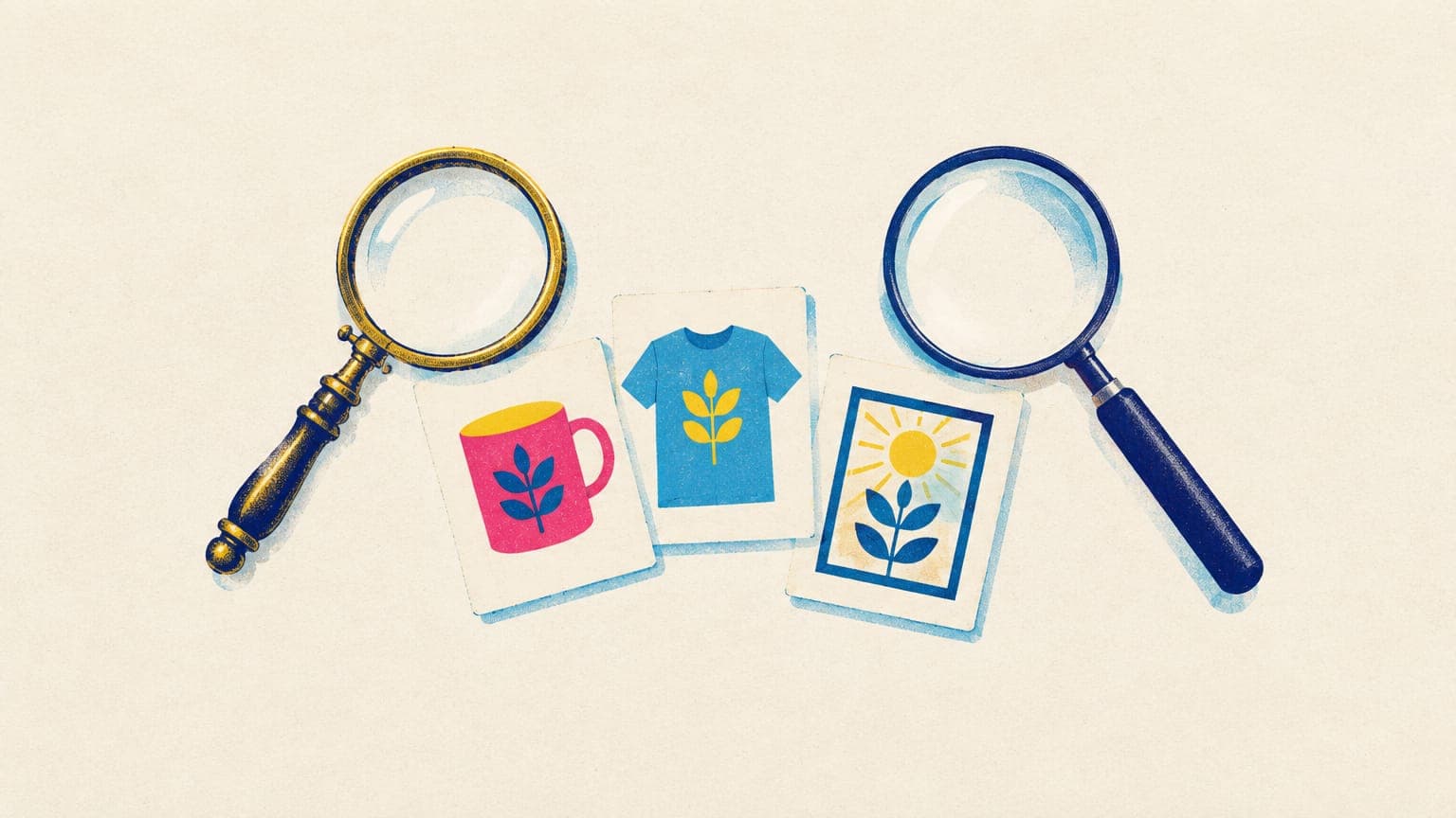 Brass and modern magnifying glasses lying over small product cards showing a mug, t-shirt and poster