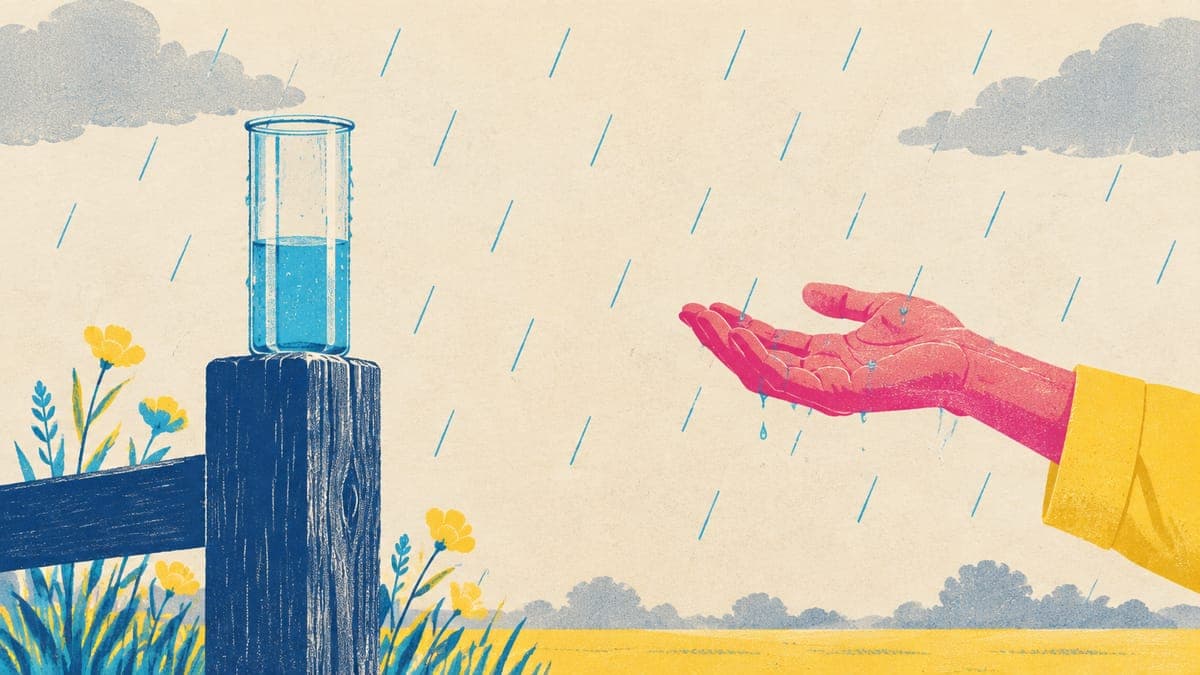 Rain gauge on a fence post next to an outstretched hand feeling for raindrops