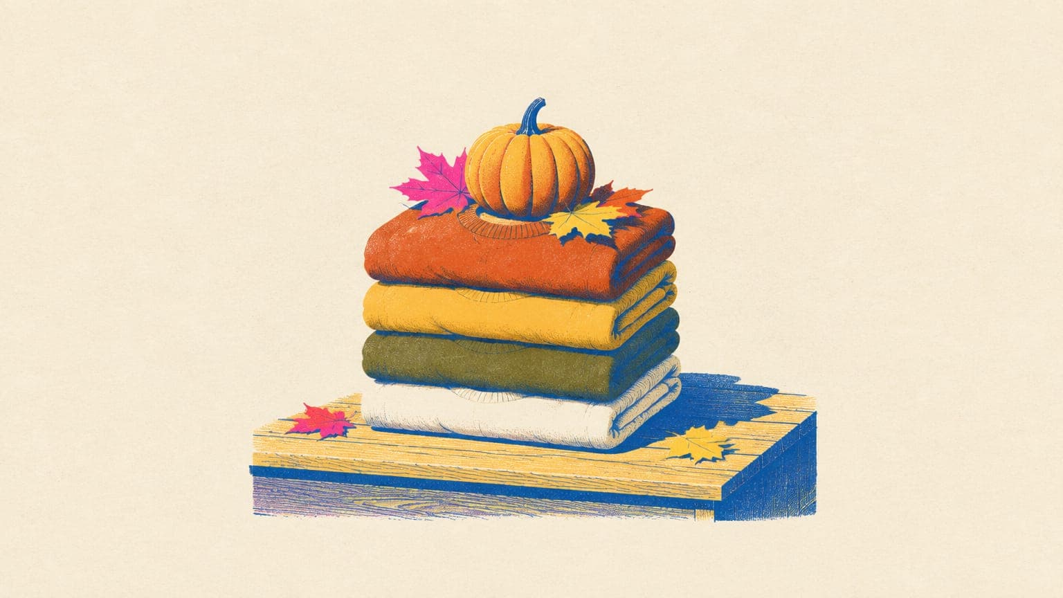 Stack of rust, mustard, olive and cream sweatshirts on a porch step topped with a small pumpkin and maple leaves