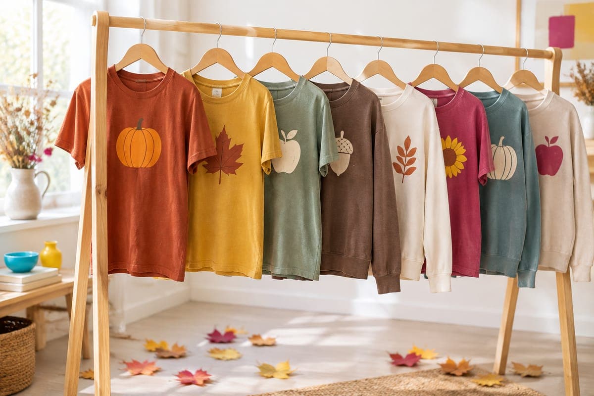 Rack of earth-tone tees and sweatshirts with simple pumpkin, maple leaf and apple graphics