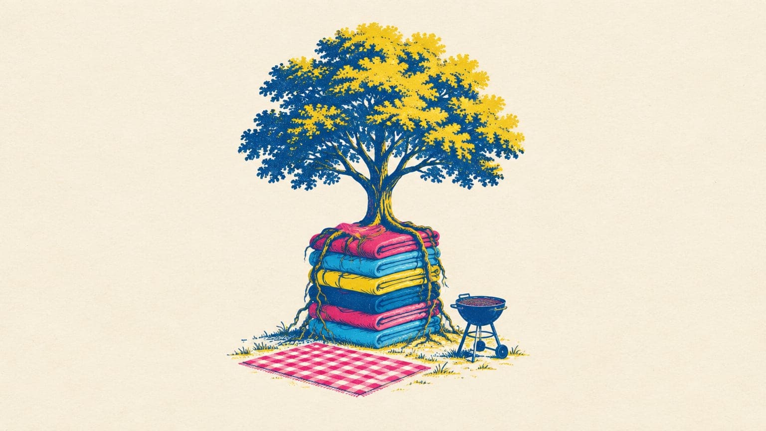 A leafy family tree growing from a stack of folded t-shirts in different colors beside a picnic blanket
