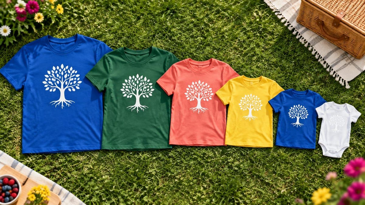 Adult, youth and baby shirts in four colors, all printed with the same white family-tree design, laid on grass