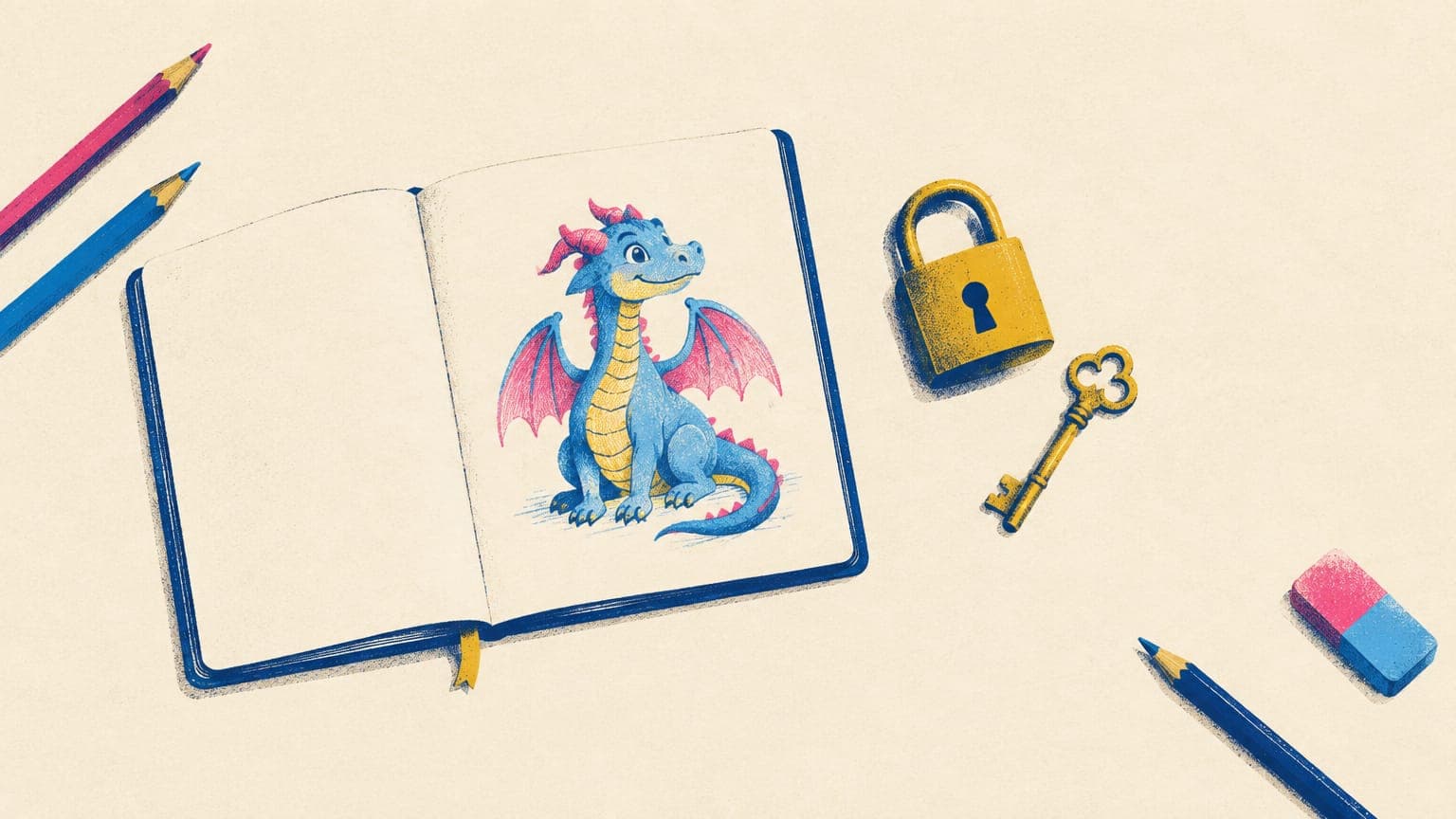 Sketchbook with an original dragon drawing beside a brass padlock and key on an artist’s desk