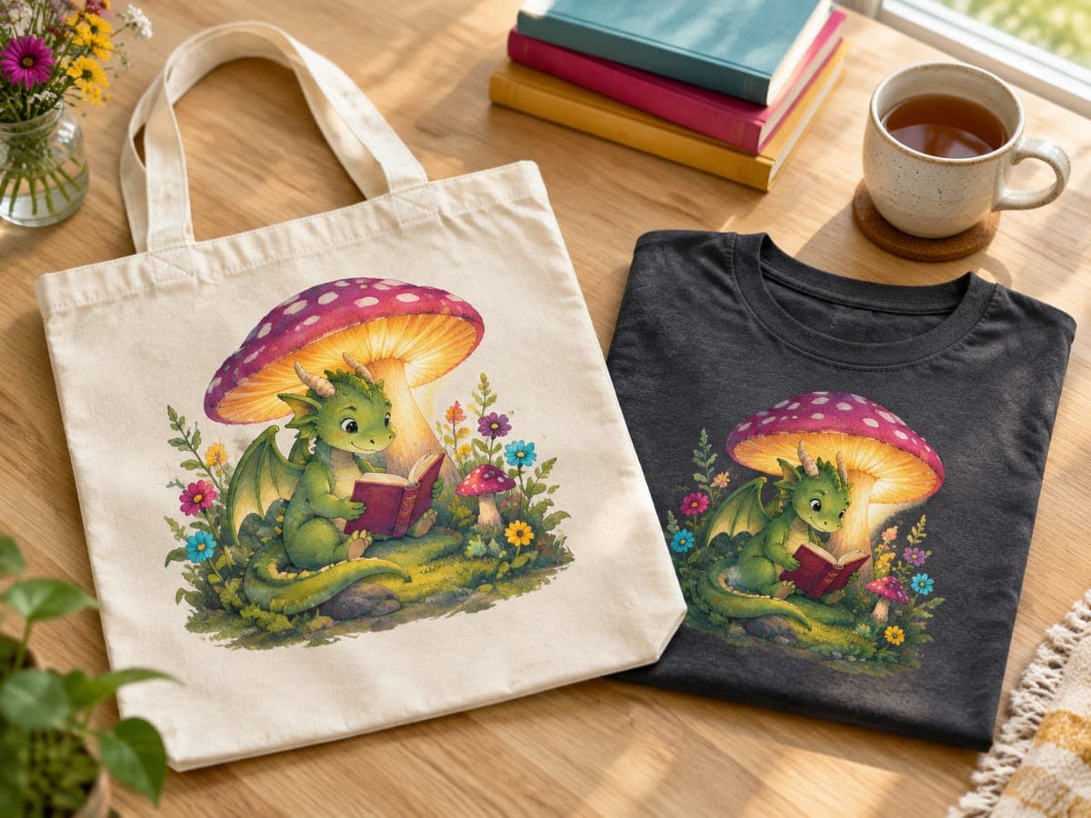 Tote bag and t-shirt printed with an original dragon reading under a mushroom, beside books and a mug of tea