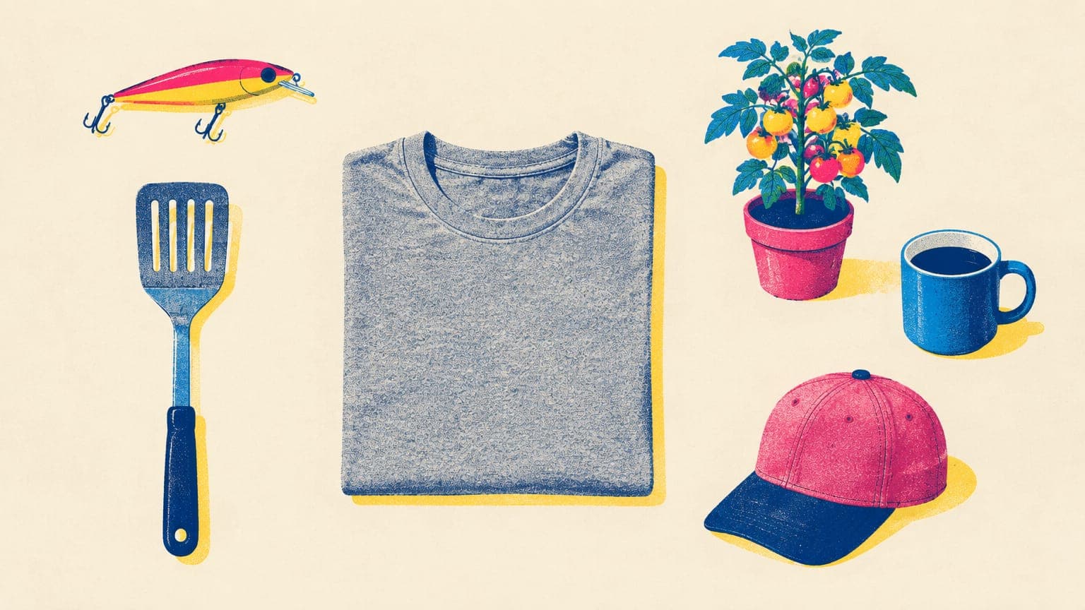Folded grey t-shirt surrounded by a fishing lure, grill spatula, potted tomato plant, mug and cap