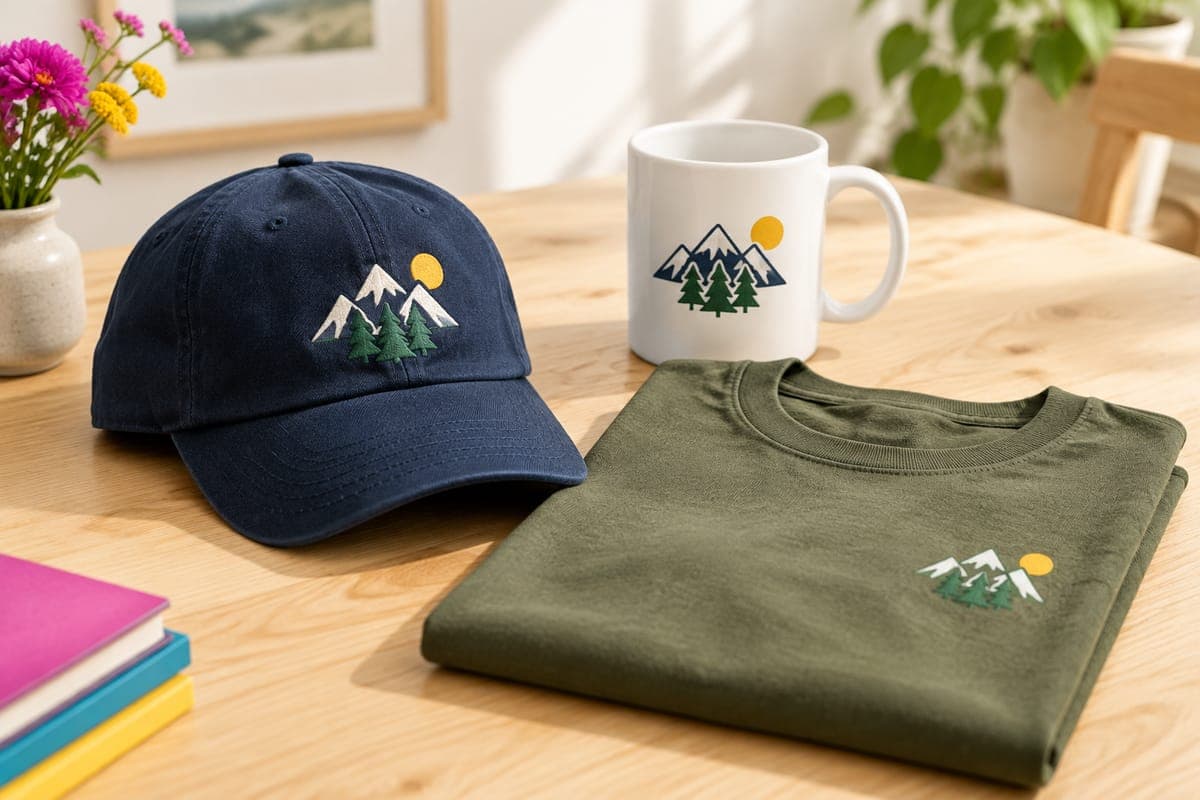 Navy cap with an embroidered mountain patch, an olive tee and a white mug sharing one mountain design