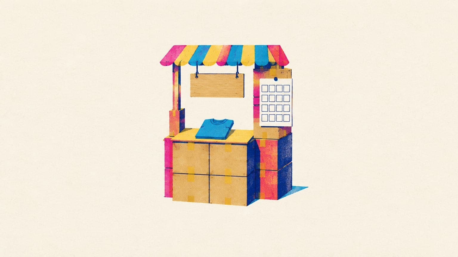 Illustration of a small market stall made of parcel boxes with one folded t-shirt and a blank four-week calendar