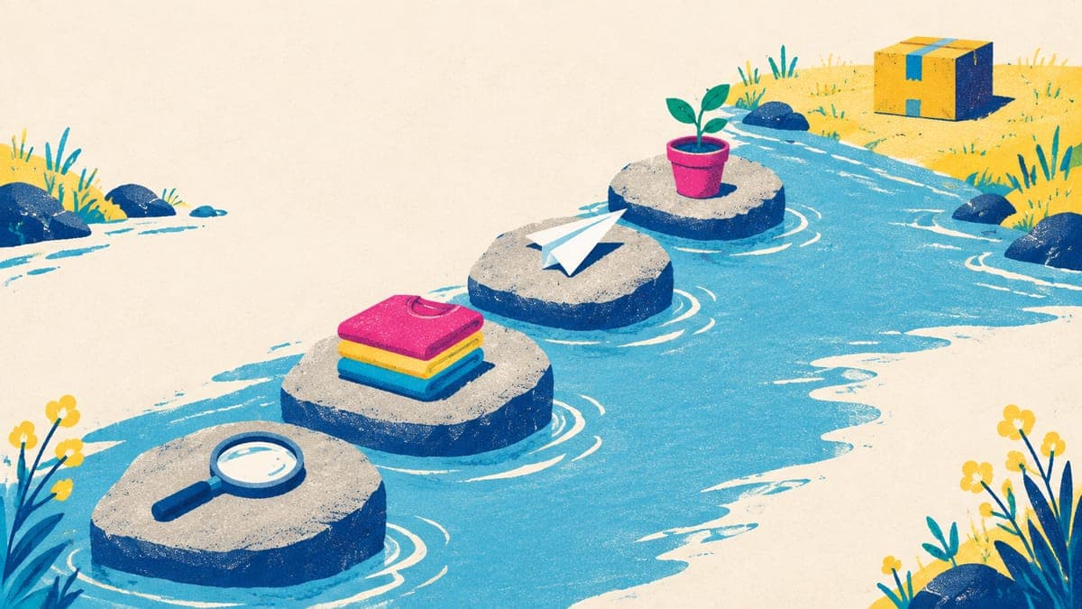 Four stepping stones holding a magnifying glass, folded shirts, a paper plane and a seedling, leading to a parcel