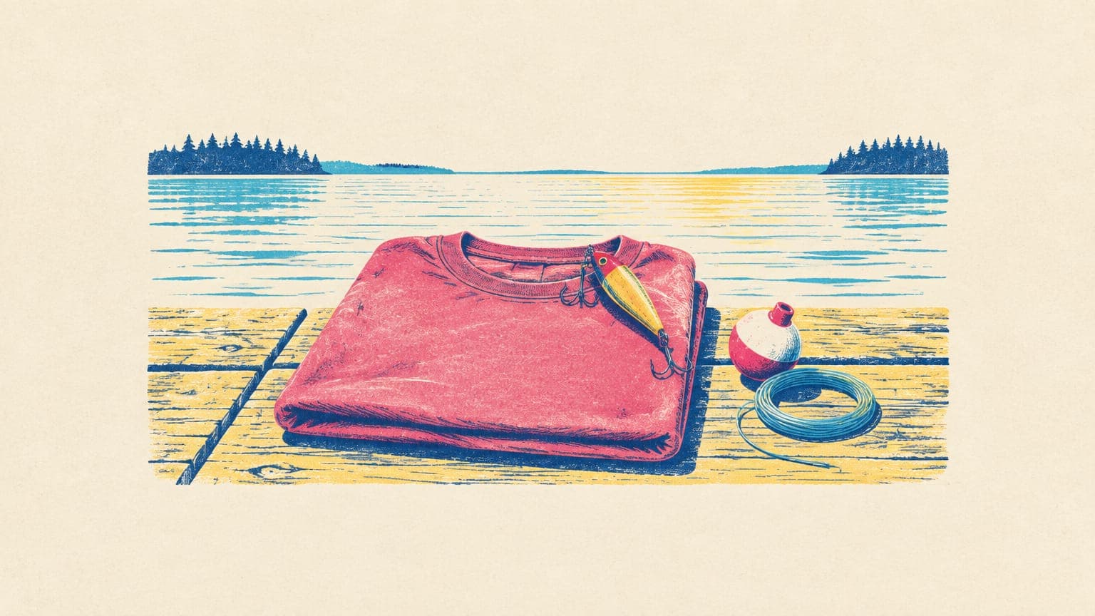 A vintage fishing lure hooked to a folded t-shirt on a dock with a bobber and fishing line
