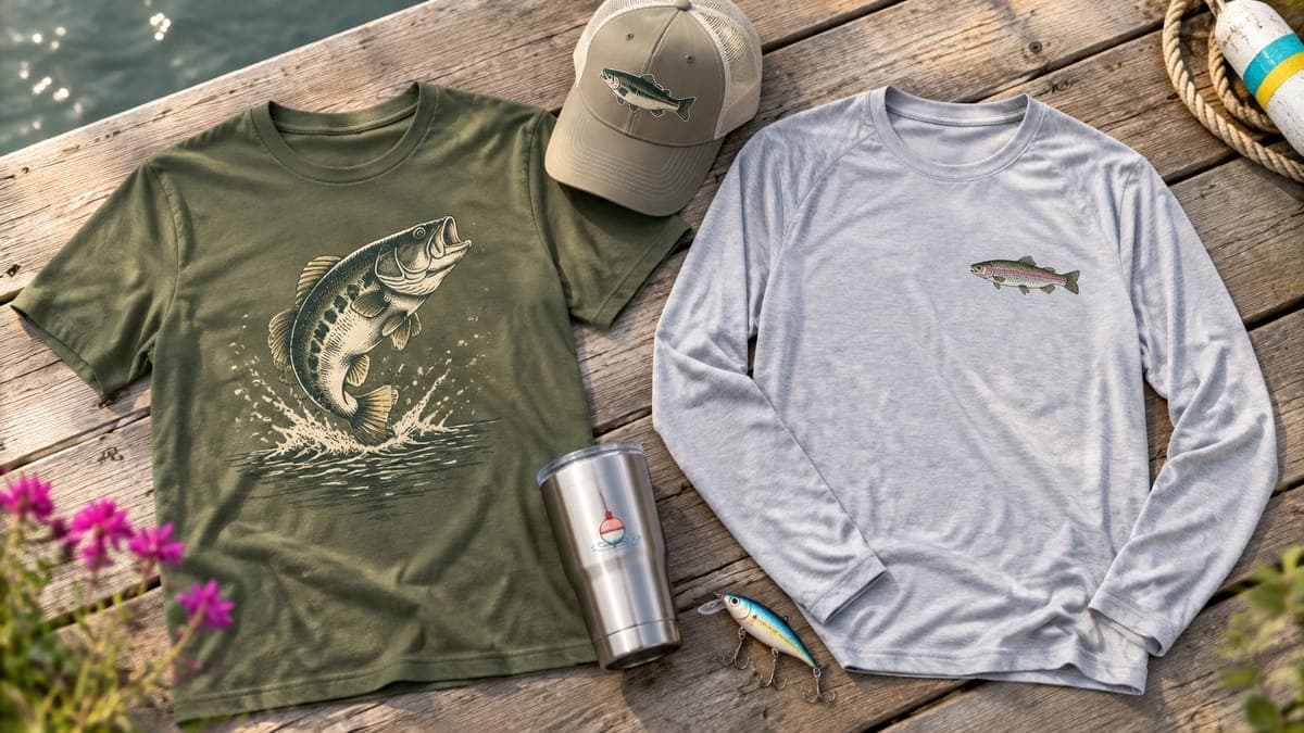 Flat lay of an olive tee with a bass, a grey long sleeve, a khaki cap and a tumbler on dock boards