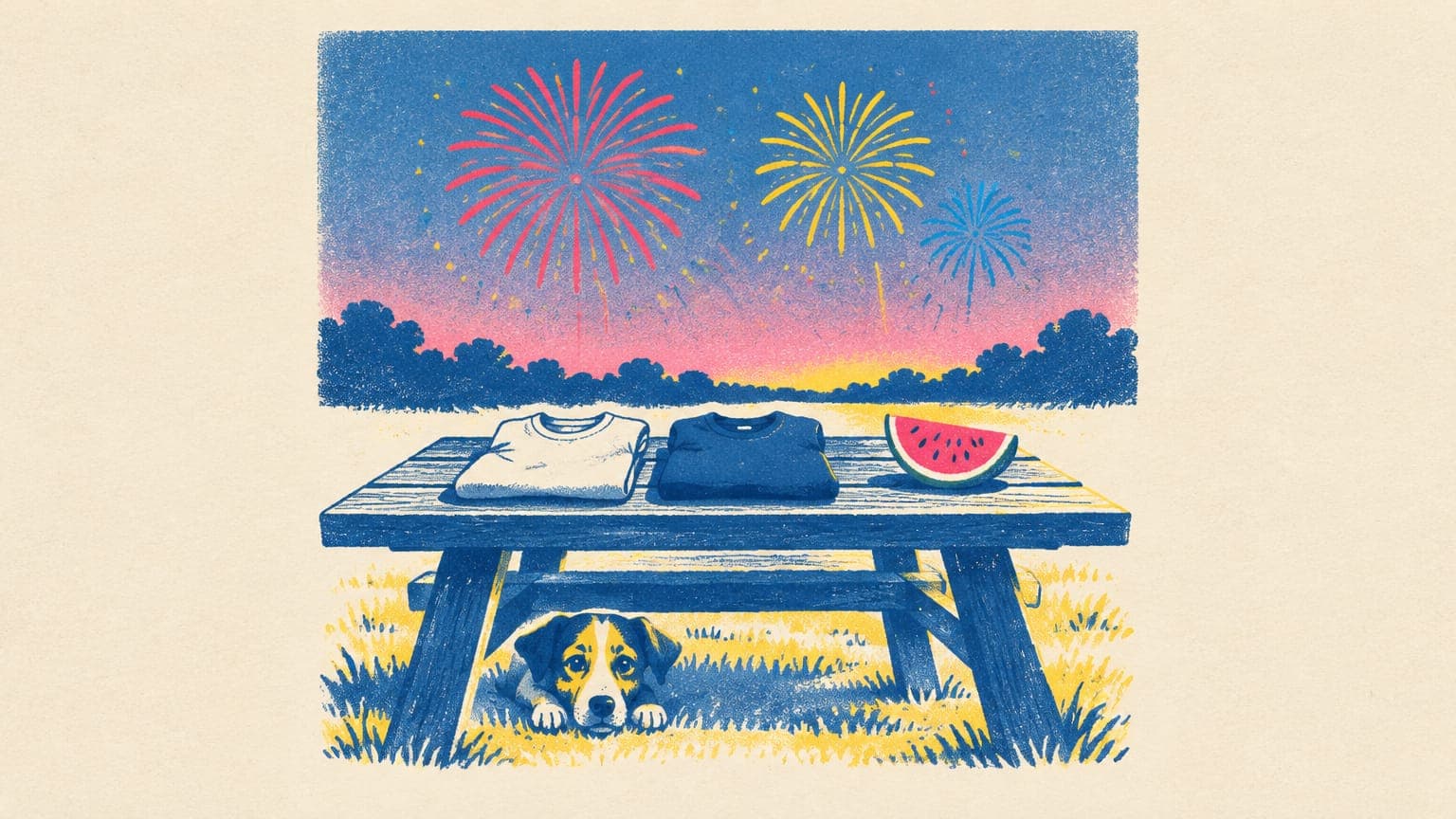 Fireworks over a picnic table with folded white and navy t-shirts, watermelon and a dog peeking out
