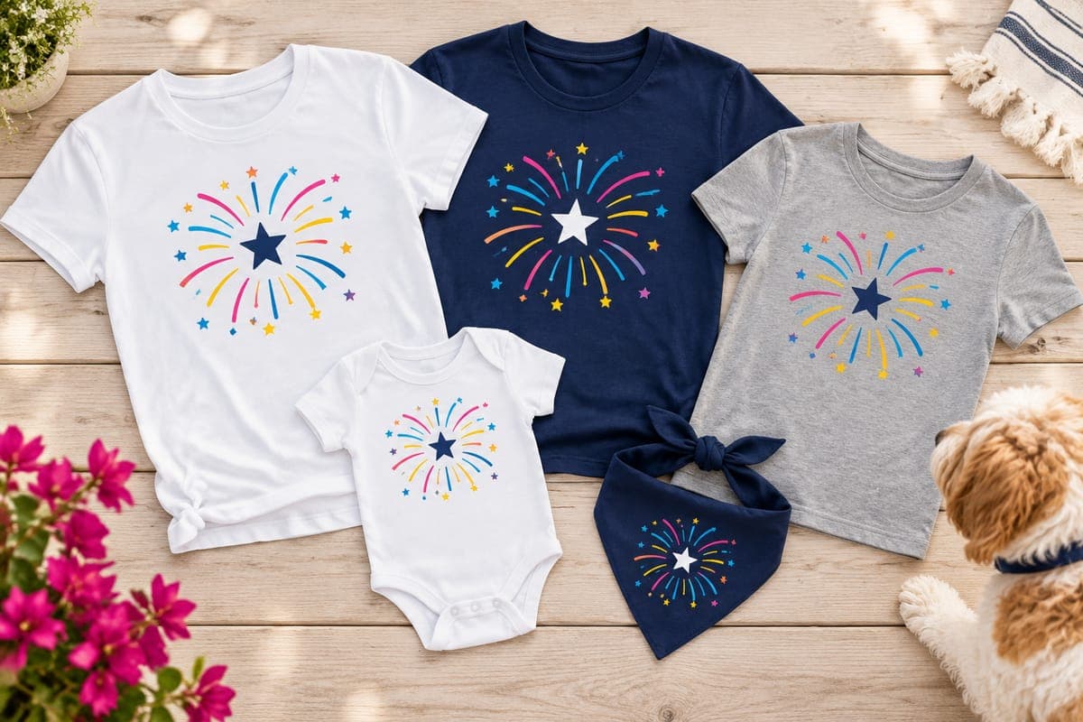 Family set of white, navy and grey tees, a baby bodysuit and a dog bandana sharing one star and firework motif