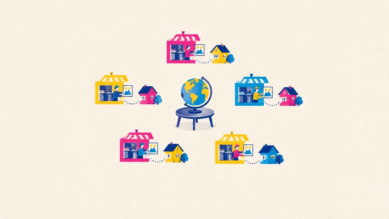 Globe ringed by tiny print shops, each delivering a framed mountain poster to a house right next to it