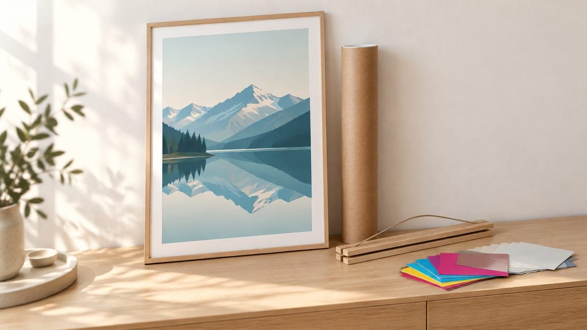 Framed mountain-lake print leaning on a sideboard beside a poster tube, a wooden hanger and paper swatches