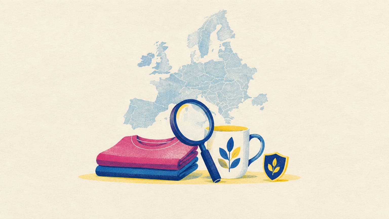 A folded t-shirt and a mug beside a magnifying glass and a shield badge, with an outline map of Europe behind them