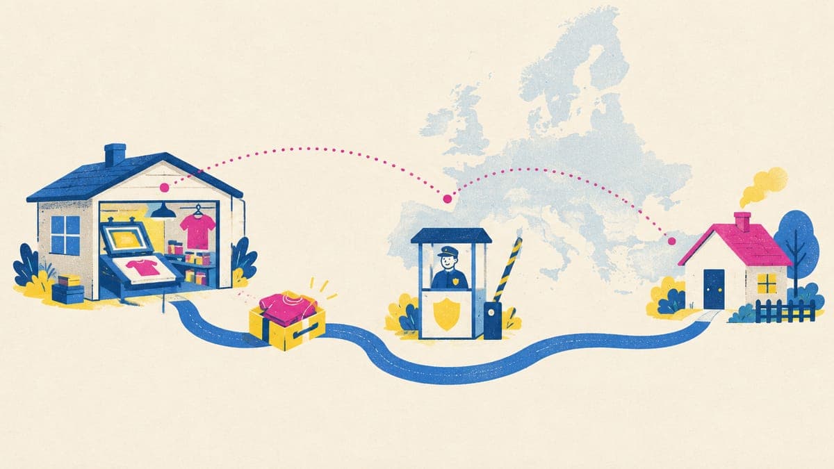Illustration of a t-shirt parcel travelling from a print workshop through a shield checkpoint to a house, over a map of Europe