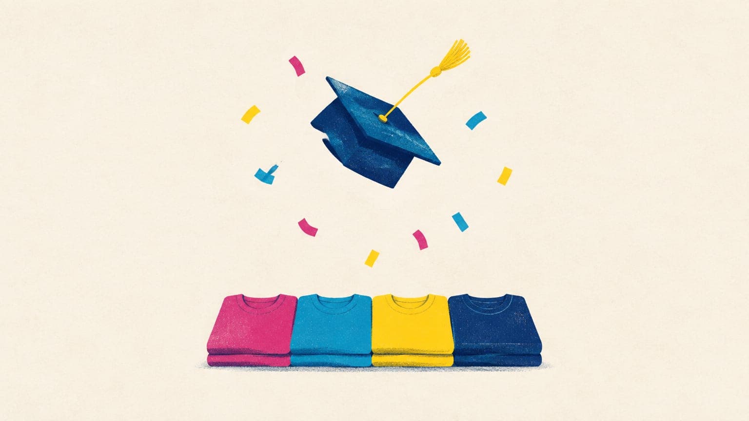 Graduation cap in mid-air above a row of folded colorful t-shirts with floating confetti