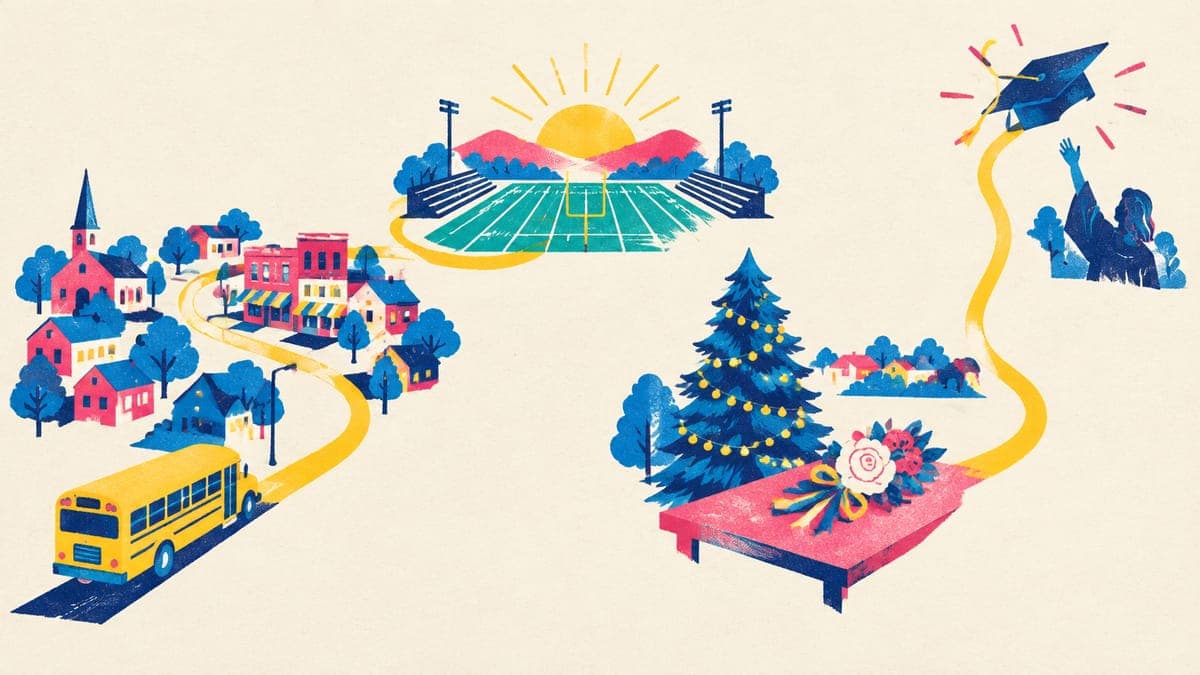 Winding path from a school bus past a football field, a lit pine tree and a corsage to a tossed graduation cap