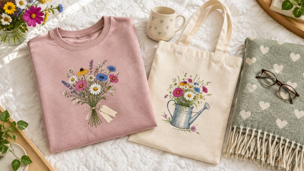 Flat lay of a pink crewneck with a flower bouquet design, a mug, a canvas tote and a sage throw blanket