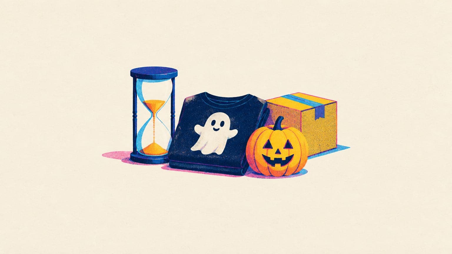 Hourglass with orange sand next to a folded black ghost t-shirt, a carved pumpkin and a small shipping box