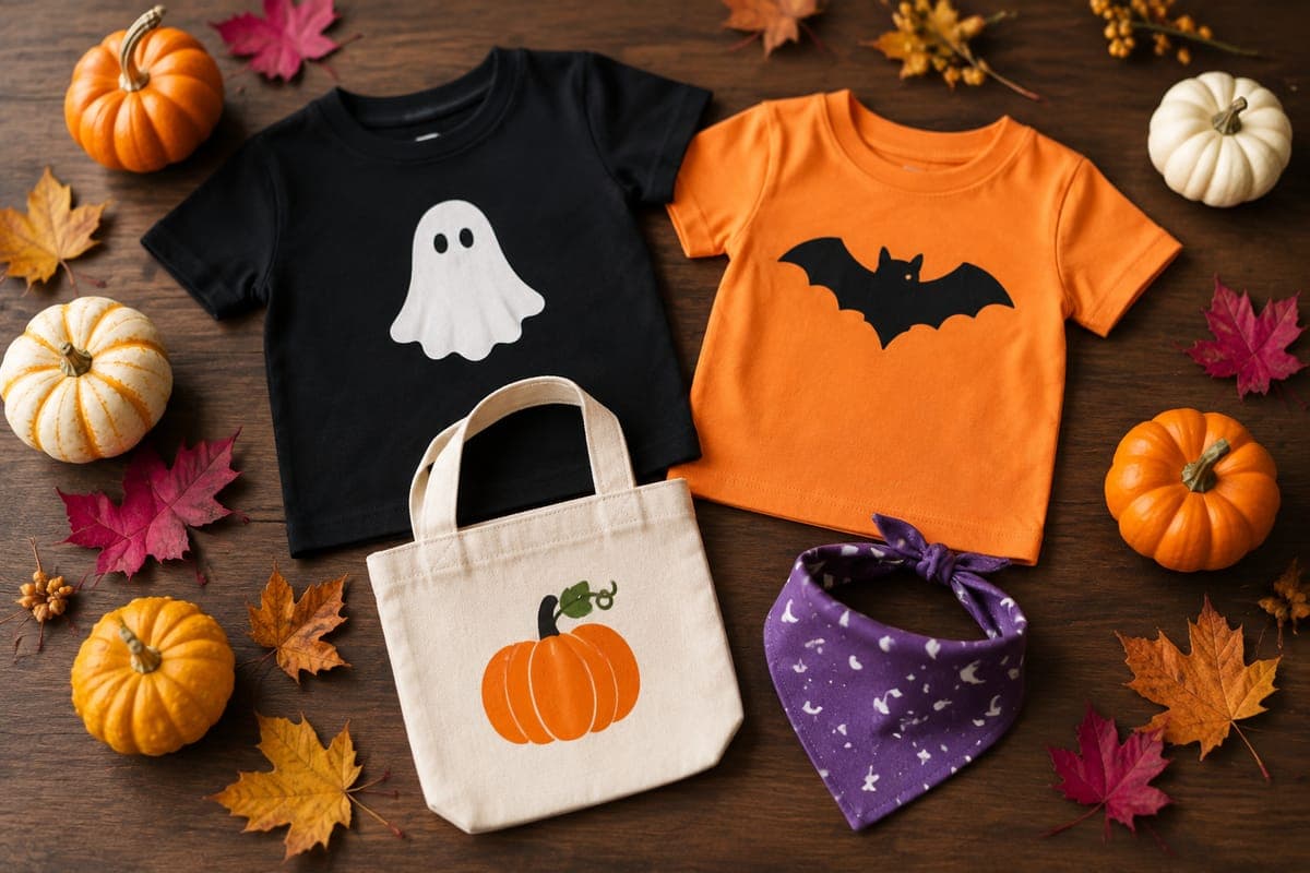 Black ghost tee, orange bat tee, pumpkin tote bag and moon pet bandana laid out with mini pumpkins and leaves