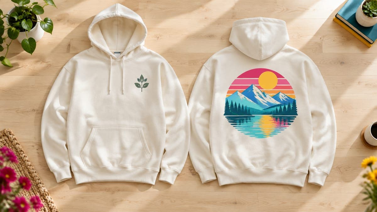 Two hoodies laid flat: one front with a small leaf on the left chest, one back with a large mountain sunset graphic