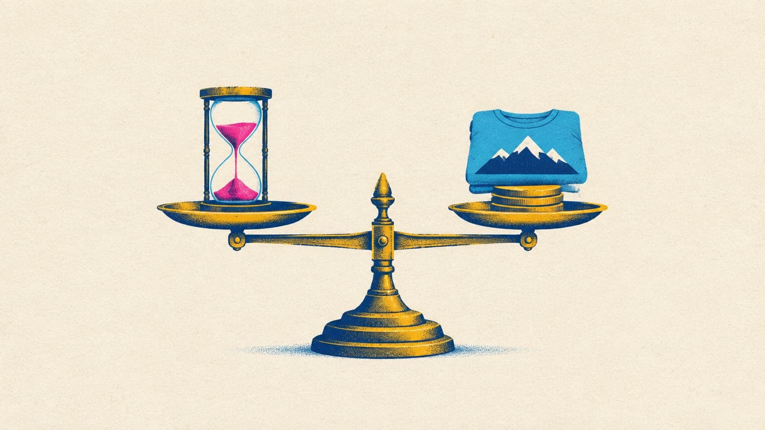 A balance scale weighing an hourglass against a folded printed t-shirt resting on a small stack of coins.
